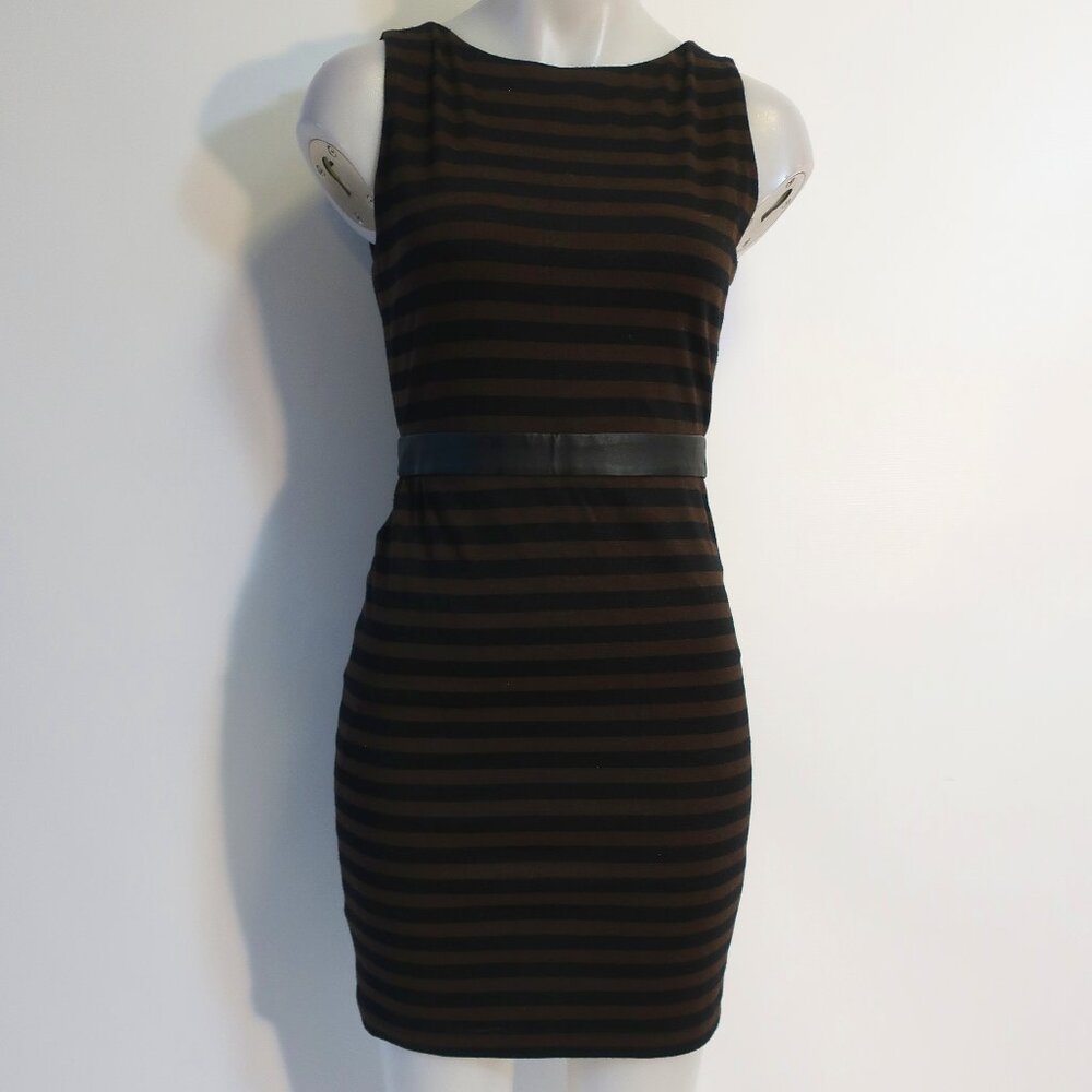 Womens Alice + Olivia Black Brown Striped Stretch Leather Waistband Mini Dress 6 - Picture 2 of 11
